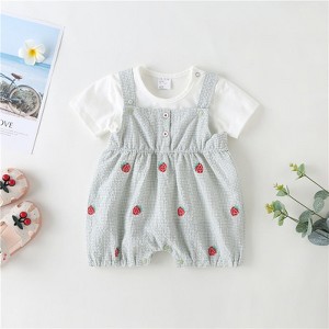 MyKids-USA Baby Girl 1pcs Plaid Graphic Strawberries Embroidery Snap Button Jumpsuit & Solid Tee Sets - 1 of 4
