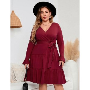 Clearlove Women Plus Size V Neck Wrap Dress High Waist Ruffle Long Sleeve Casual Midi Dress with Belt - 1 of 4