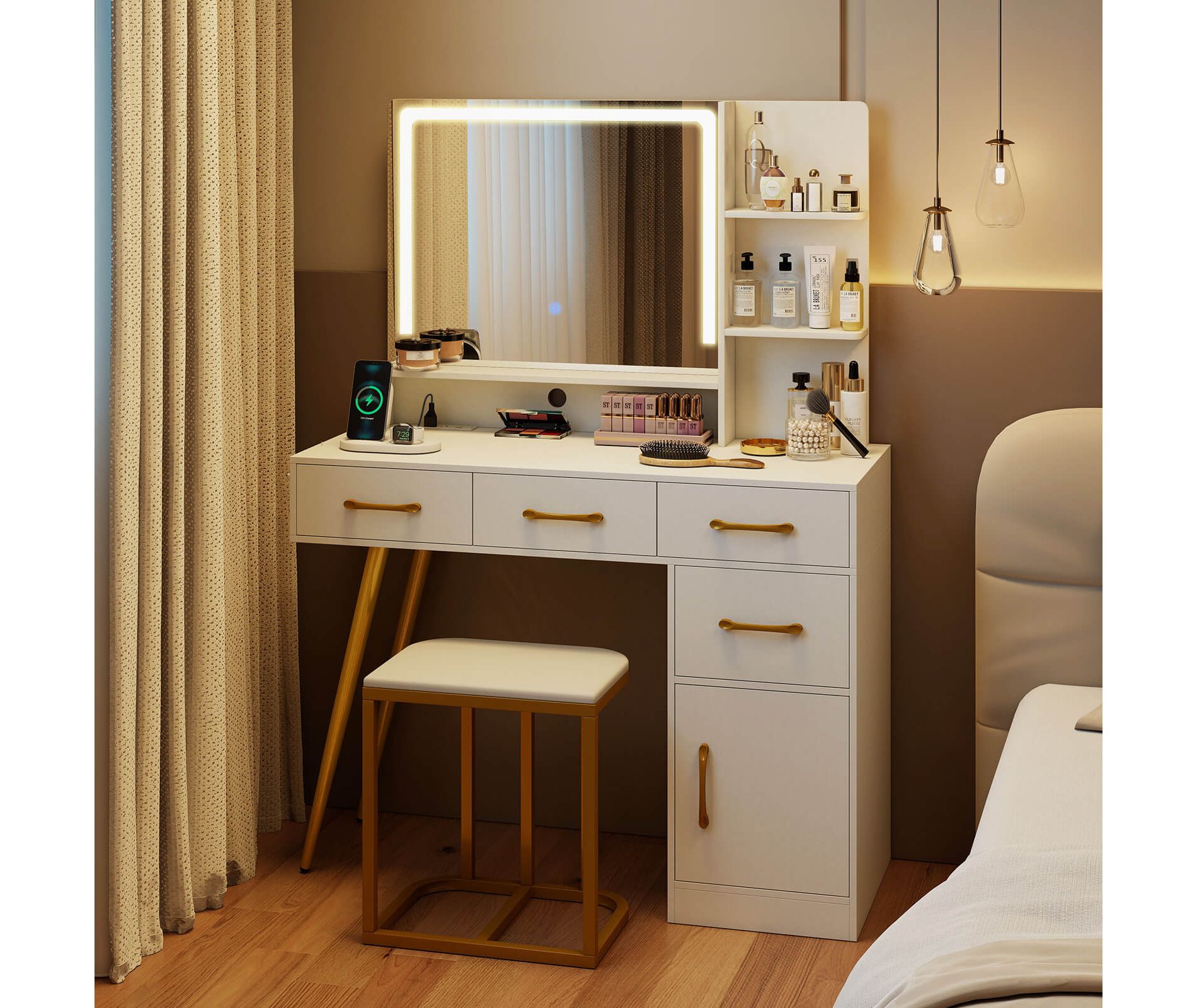 Costway Modern Vanity Desk Set with Charging Station,Hair Dryer Holder & 3-Color LED Mirror