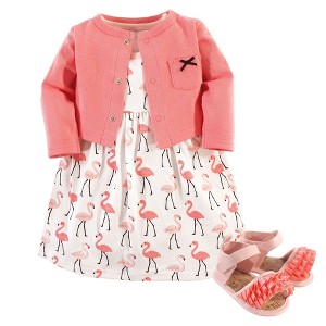 Hudson Baby Infant Girl Cotton Dress, Cardigan and Shoe 3pc Set, Flamingos - 1 of 2