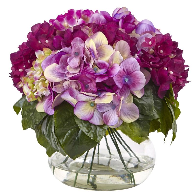 Nearly Natural 11-in Multi-Tone Beauty Hydrangea with Round Glass Vase, 1 of 3