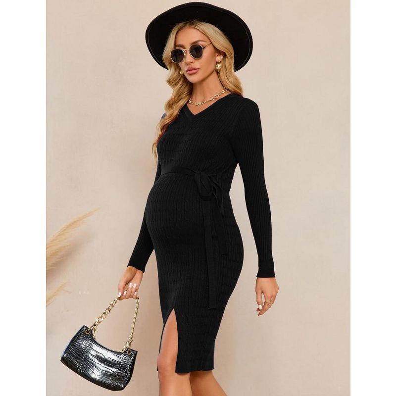Maternity Cable Knit Sweater Long Sleeve Bodycon Dress V Neck Fall Casual Slit Midi Dress Baby Shower Photoshoot Belt, 5 of 8