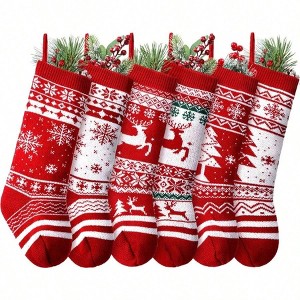 6 Pcs 18'' Knit Stockings Rustic Vintage Red Xmas Hanging Decor with Reindeer Snowflakes Tree Fireplace Holiday Party - 1 of 4