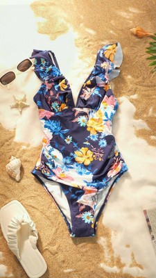 Women's Floral Ruffled Lace Up One Piece Swimsuit - Cupshe-L-Blue Tropical Floral