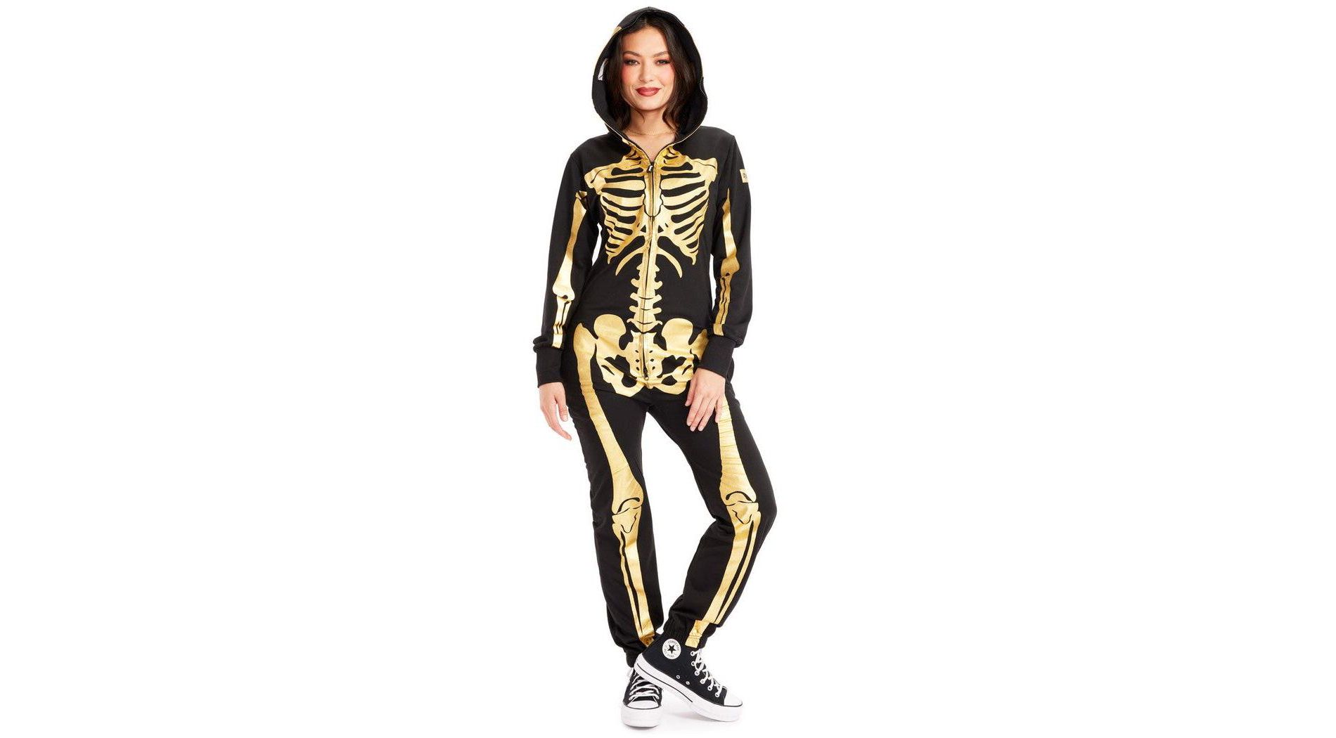 Tipsy Elves Halloween Skeleton Costume for Women - Comfy Easy Adult Bone Jumpsuit - Front and Back Print with Zip Up Mask