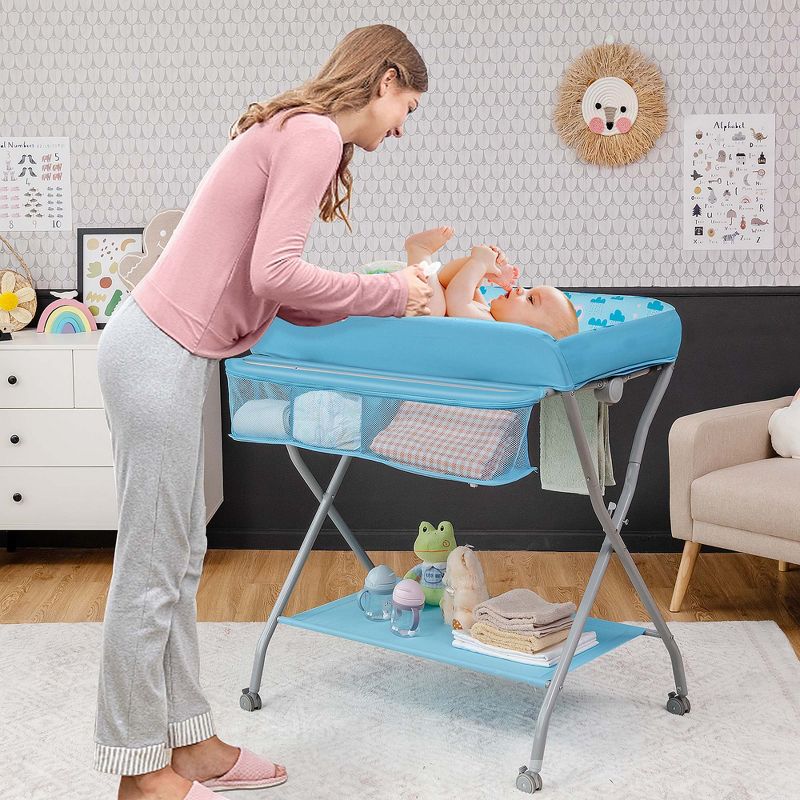 Baby Changing Table Folding Diaper Changing Station w/ Safety Belt & Wheels Pink\Blue\Grey, 2 of 11