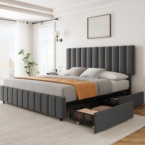 Bed Frame, King Bed Frame - with 4 Storage Drawers, Adjustable Height Headboard, Linen Upholstered Platform, No Box Spring Needed (Grey) - 1 of 4