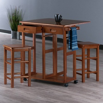Teak 3-Piece Space Saver Drop Leaf Dining Set with Stools
