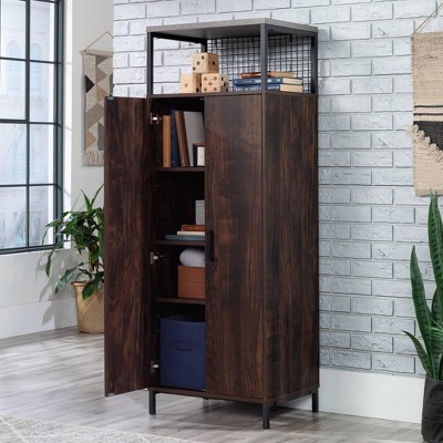 Tall Gray and Walnut Office Storage Cabinet with Adjustable Shelving