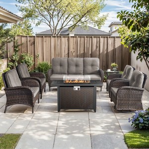 7 Pieces Outdoor Patio Furniture Set with Fire Pit Table, Rattan Wicker Sectional Swivel Rocker Chairs Sets - 1 of 4
