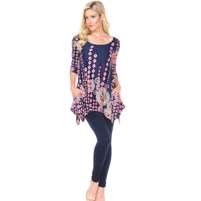 Women's 3/4 Sleeve Printed Rella Tunic Top with Pockets - White Mark