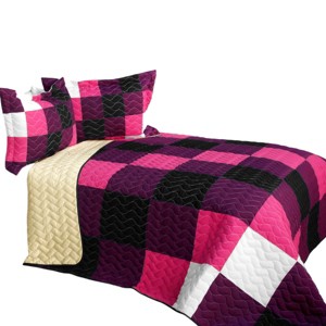 Slickblue Full/Queen Quilt Set, Intricate Hand-Stitching, Quilt & 2 Shams, Block Patchwork in Purple or White, 3PC - 1 of 4