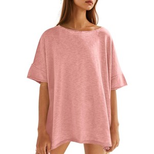 Imily Bela Womens Oversized Casual Summer Crew Neck Loose Dropped Short Sleeve Side Slit Hem Tunic Blouse Light - 1 of 4