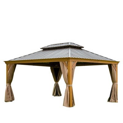 DOMETOUR 12'x16' Hardtop Aluminum Gazebo with Steel Double Canopy, Curtains & Netting for Patio, Deck, Backyard (Wood-Looking)
