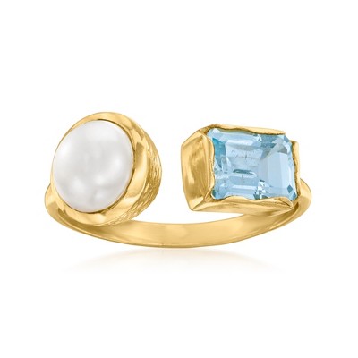 Ross-Simons 8-8.5mm Cultured Pearl and 1.40 Carat Sky Blue Topaz Ring in 18kt Gold Over Sterling