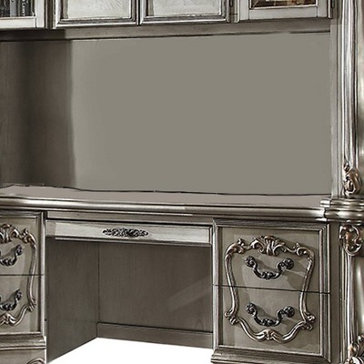 Elegant Antique White and Gray Wooden Desk with Hutch and Drawers
