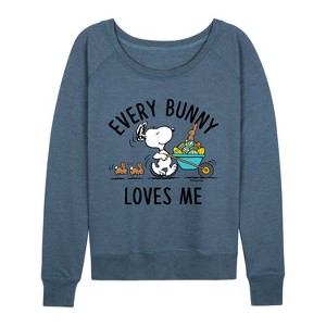 Women's - Peanuts - Every Bunny Loves Me Lightweight French Terry Wide Neck Long Sleeve Shirt - 1 of 4
