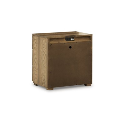 Brown Oak Veneer 3-Drawer Nightstand with Black Iron Pulls