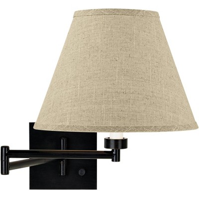 Franklin Iron Works Modern Swing Arm Wall Lamp Espresso Plug-In Light Fixture Fine Burlap Empire Shade for Bedroom Bedside Reading