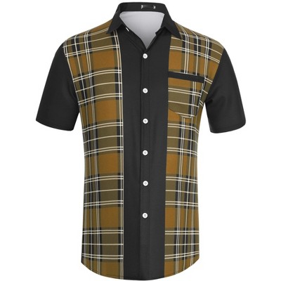 Lars Amadeus Men's Summer Plaid Patchwork Short Sleeves Button Color Block Shirt