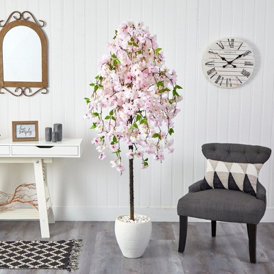 70-inch Pink Cherry Blossom Artificial Tree in White Planter