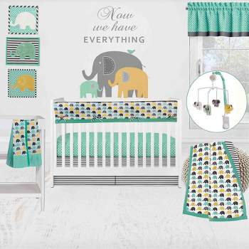 Bacati - Elephants Mint/Yellow/Gray 10 pc Crib Bedding Set with Long Rail Guard Cover