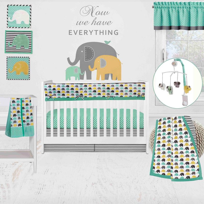 Bacati - Elephants Mint/Yellow/Gray 10 pc Crib Bedding Set with Long Rail Guard Cover, 1 of 12