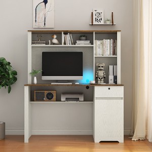 Lyngins Multi-Functional Home Computer Desk with Hutch & Bookshelf, Wood Executive Desk, Home Office Desk with Drawers, 2 AC Outlets, 2 USB Ports - 1 of 4