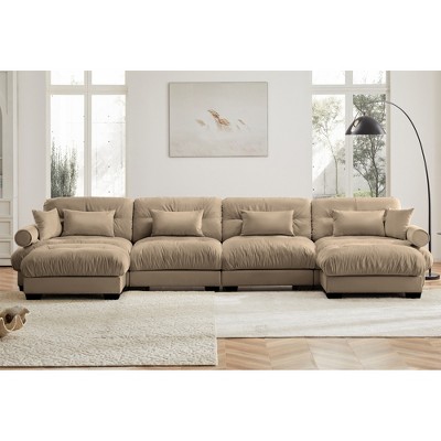 Aukfa Camel Velvet Large  Sofa with Bolster Armrests, Waist & Throw Pillows – Modern Couch for Living Room, Bedroom or Office