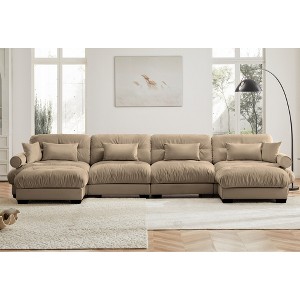 Aukfa Camel Velvet Large  Sofa with Bolster Armrests, Waist & Throw Pillows – Modern Couch for Living Room, Bedroom or Office - 1 of 4