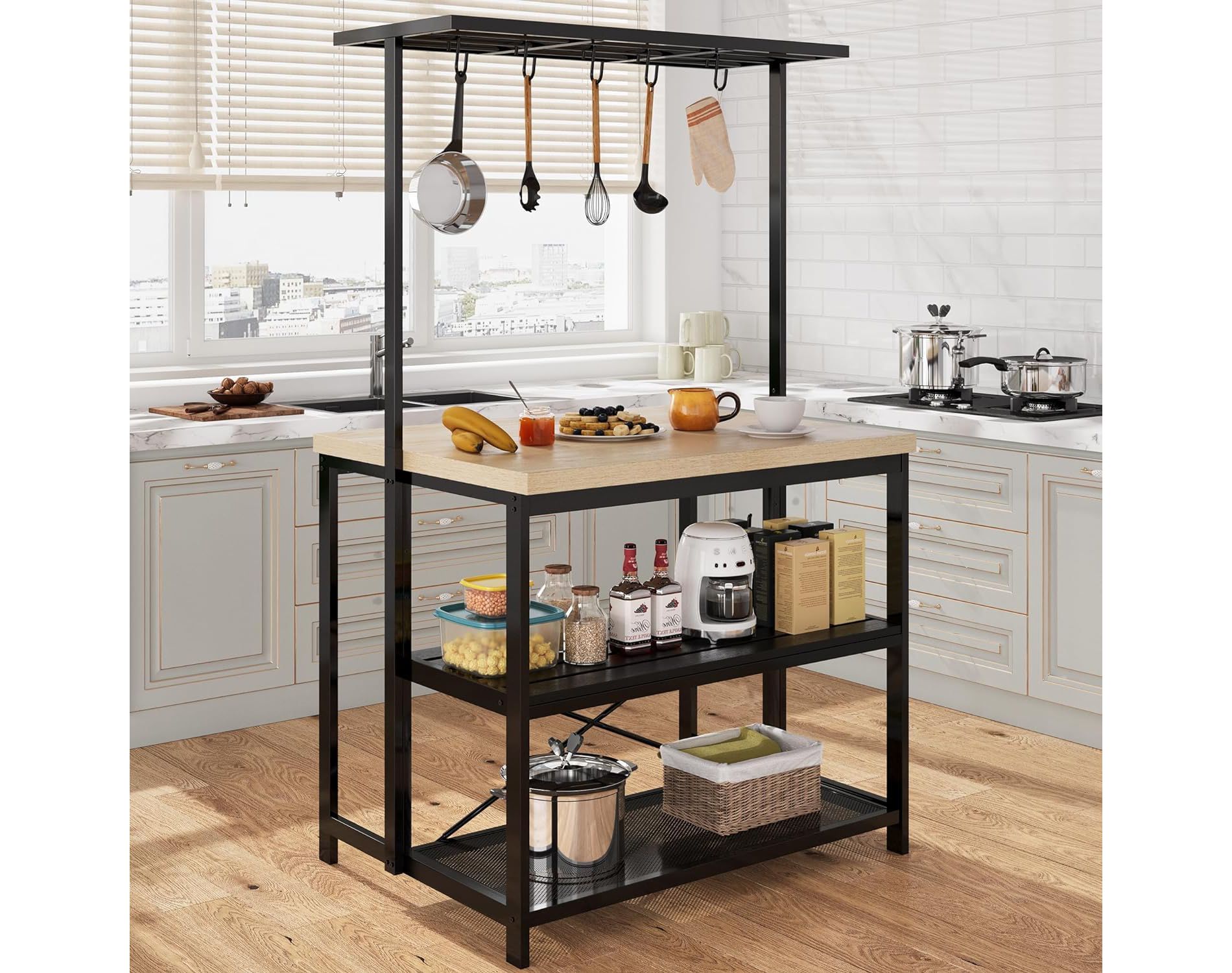 Kitchen Island with 3-Tier Shelves and 5 Hooks - Multi-Functional Baker's Rack and Microwave Stand for Kitchen, Dining, and Living Room