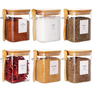 BRINJOY 6 Pcs Square Glass Jar with Bamboo Lid and Spoon - 27 oz Large Sugar Container with 148 Labels - with Wooden Lids Hold Coffee, Tea, Candy - 1 of 4