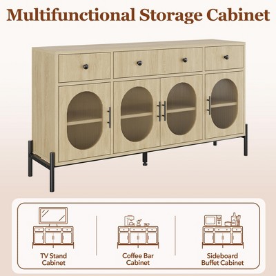 Natural Oak 62" Sideboard Buffet Cabinet with Acrylic Doors