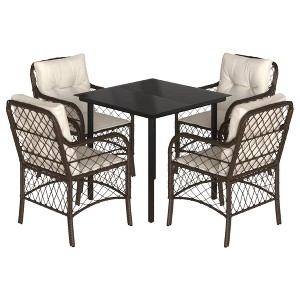 vidaXL 5 Piece Patio Dining Set - PE Rattan, Cushions, Powder-Coated Steel Frame, Tempered Glass Table, Brown/Black for Outdoor Garden/Backyard/Patio - 1 of 4