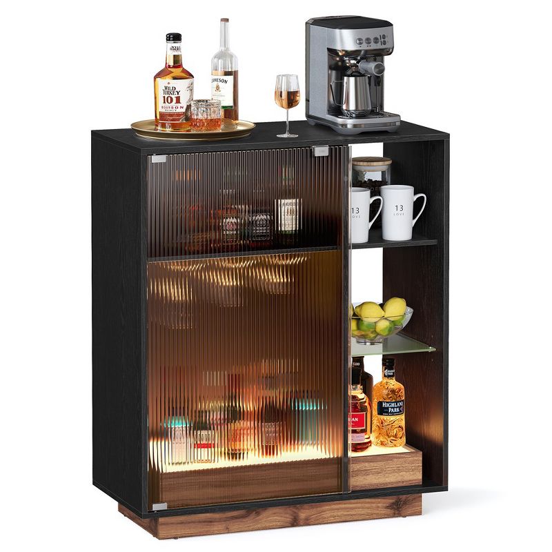 VASAGLE Wine Bar Cabinet with Lights, LED Sideboard Cabinet with Wine Storage, Coffee Bar Cabinet for Liquor with Glass Holder Ebony Black, 1 of 10