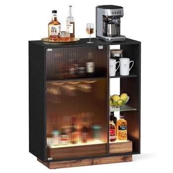 VASAGLE Wine Bar Cabinet with Lights, LED Sideboard Cabinet with Wine Storage, Coffee Bar Cabinet for Liquor with Glass Holder Ebony Black