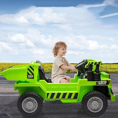 12V Kids Electric Ride-On Construction Dump Truck with Remote Control, 4WD, Working Dump Bed/Shovel, Bluetooth Music, USB Charger, LED Lights