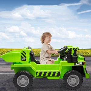 12V Kids Electric Ride-On Construction Dump Truck with Remote Control, 4WD, Working Dump Bed/Shovel, Bluetooth Music, USB Charger, LED Lights, Green - 1 of 4