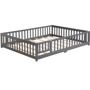 Gulches Kids-Style Full Size Solid Wood Floor Bed with Fence & Door, Gray - 1 of 4