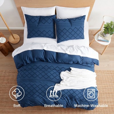 Navy Blue Microfiber Queen Pintuck Boho Duvet Cover Set