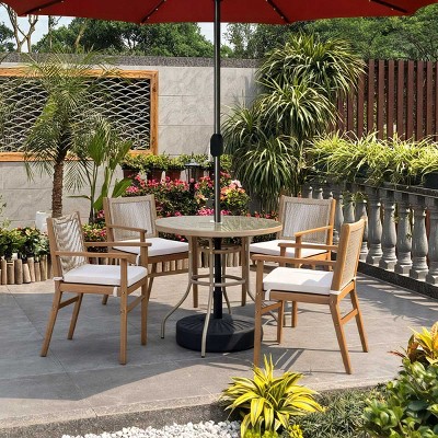 Modern Outdoor Patio Wood Dining Arm Chairs,Rope Back Garden Armrest Kitchen Dining Chair,Beige Cushioned Dining Armchair-Coolbibila
