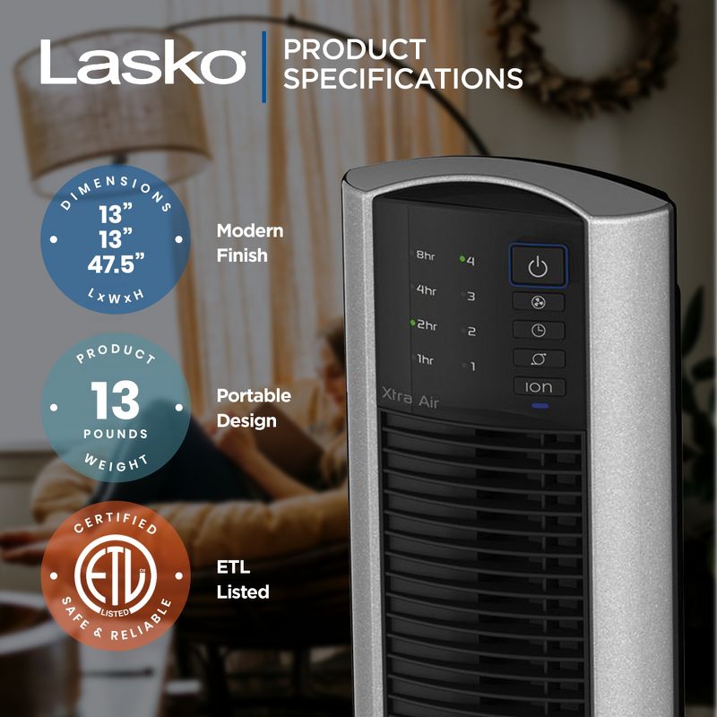 Lasko XtraAir 48 Inch 4 Speed Quiet Widespread Oscillating Standing Tower Home Fan Air Ionizer with Remote Control and 8 Hour Timer, Silver, 4 of 8