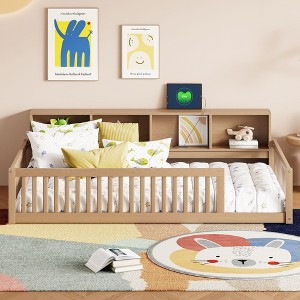 NicBex Twin XL Size Wood Montessori Bed with 3 Built-in Storage Cabinets,Floor Bed with Guardrail and USB Ports,Modern Toddler Bed for Bedroom,Brown - 1 of 4