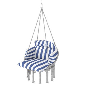 Hammock Swing Chair, Macrame Hanging Chair with Large Cushion, Chain, Steel Frame for Indoor Outdoor Use - 1 of 4
