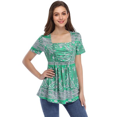 Womens Square Neck Ruched Tops  Waist Tunics Long Sleeve Tie