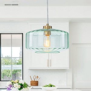LLHZSY 11" Light Green Vertical Striped Lantern Glass Pendant Chandelier Fixture for Kitchen Dining Room Hallway - 1 of 4