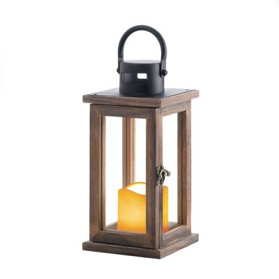 Rustic Brown Wood Hanging Lantern with LED Candle