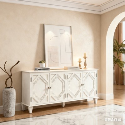 TIRAMISUBEST 65.2" Mid Century Modern Sideboard Buffet Cabinet with Storage, Symmetrical Geometric Accent Coffee Bar Wine Bar Storage Cabine, Brown