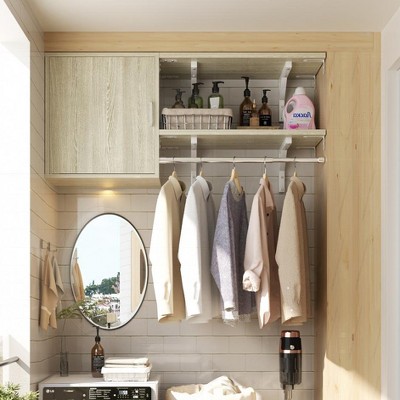 Aheaplus Wall Cabinet with Hanging Rods, Bathroom Cabinet with Door & Shelf Tower, Laundry Cabinet with Shelves