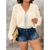 Coolmee Women's Plus Size Crochet Hollow Out Tie Front Long Sleeve Scallop Trim Crop Cardigan Sweater - 2 of 4